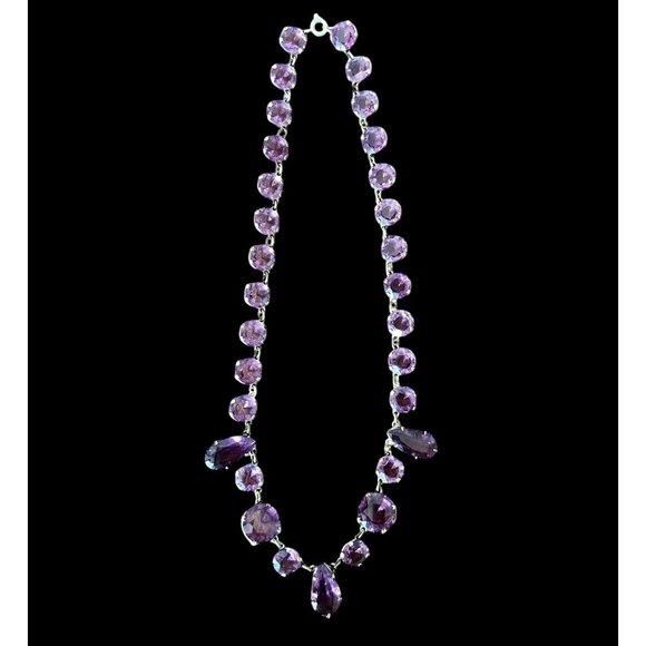 Amethyst Colored Rivière Necklace With Teardrop Accents 15” Glass Crystal - Picture 4 of 12